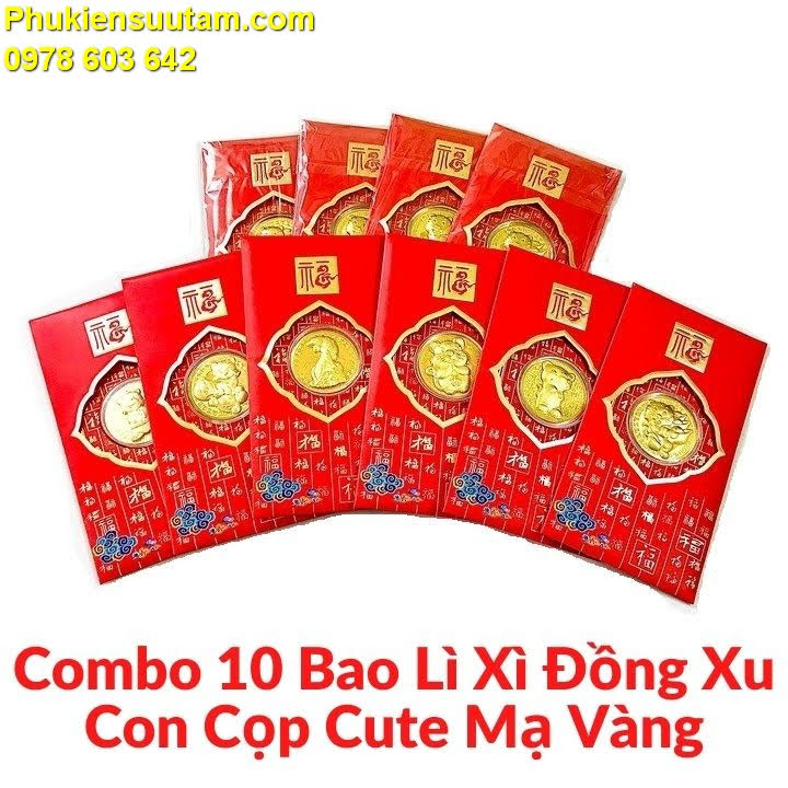 Combo 10 Bao Lì Xì Đồng Xu Con Cọp Cute Mạ Vàng, Quà tặng tiền lì xì độc lạ cho bạn bè và người thân nhân dịp năm mới 2022, kích thước 17x9x0.3cm, màu đỏ - TMT Collection - SP005484