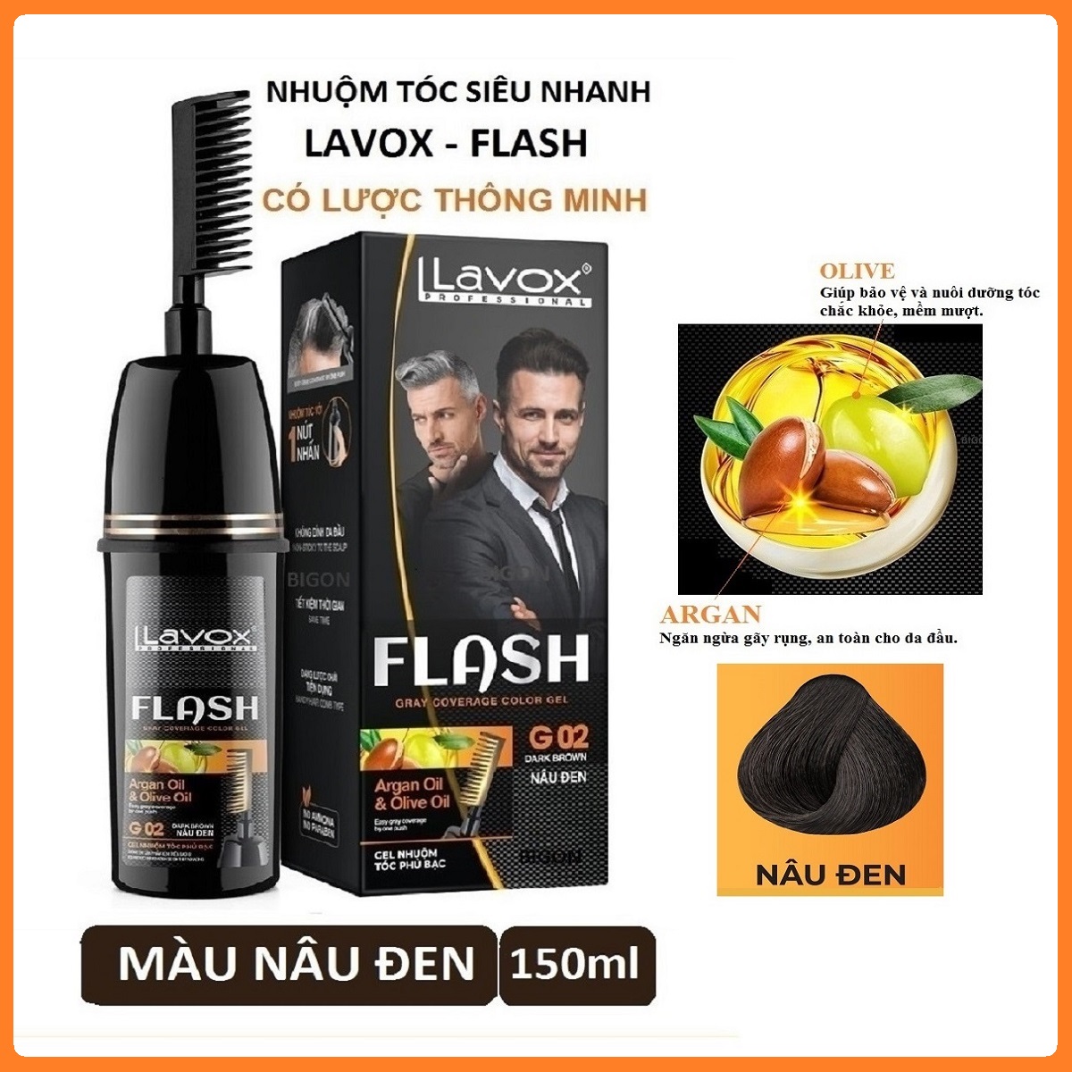 Gel Lược Nhuộm Phủ Bạc LAVOX - Dầu Gội Phủ Bạc Thảo Dược Thiên Nhiên LAVOX FLASH GRAY COVERAGE COLOR GEL G02 DARK BROWN