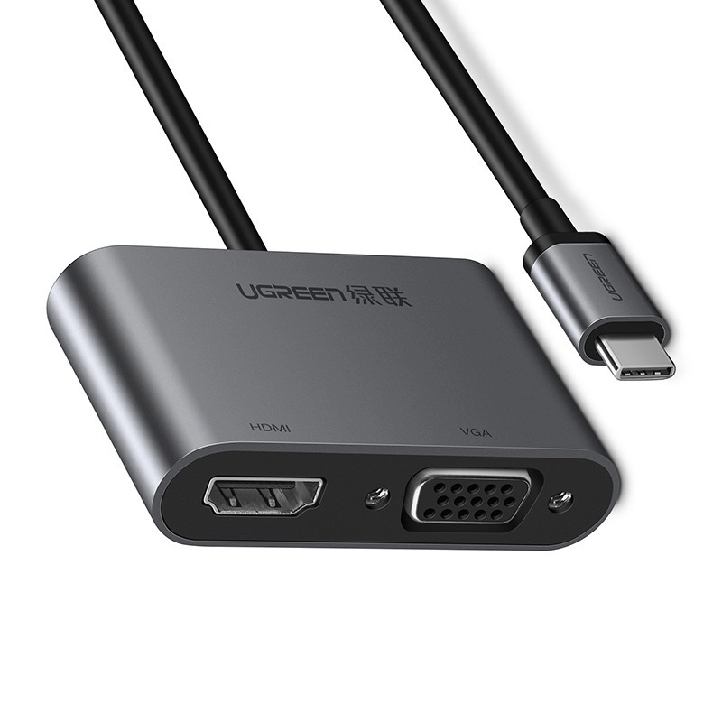 Cáp chuyển đổi USB-C dương Sang 1*HDMI âm, 1* VGA âm Vỏ Nhôm cáp dài 25cm màu Xám Ugreen TC50738CM162 Hàng chính hãng.