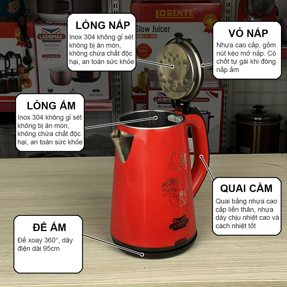 Ấm siêu tốc 2 lớp Ladomax HA-836 dung tích 2L, lòng ấm bằng inox 304, vỏ nhựa cách nhiệt an toàn cho gia đình có trẻ em - Hàng chính hãng