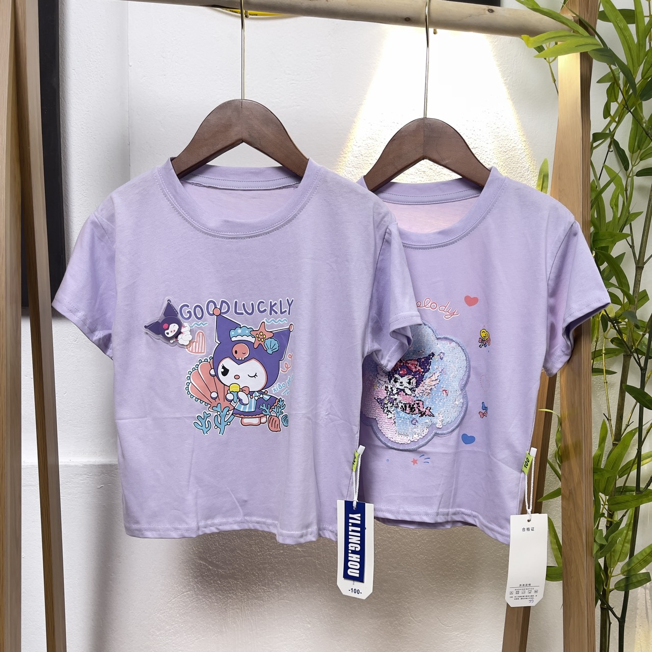 Áo thun bé gái cộc tay 3-8 tuổi hình kuromi lật cườm phát sáng vải cotton co giãn thấm hút mồ hôi kiểu dáng thời trang