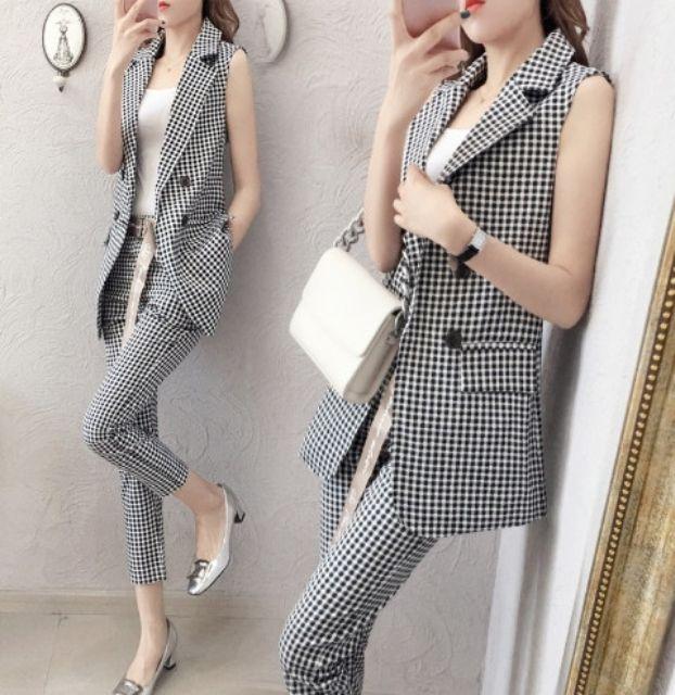 SET VEST QUẦN DÀI CARO KÈM BELT CÁ TÍNH