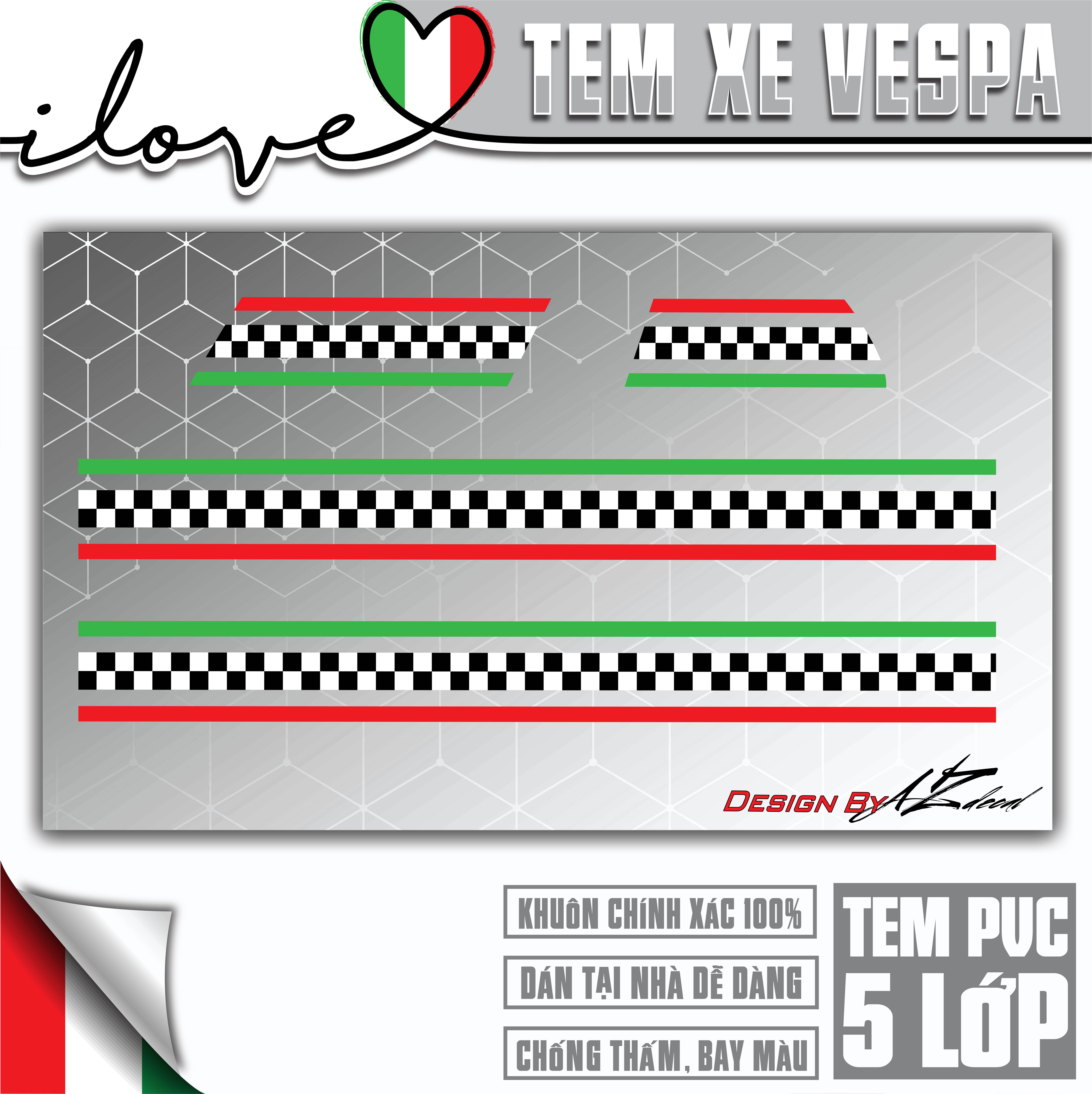 Tem Xe Vespa Phong Cách Italy Caro Mẫu VP04 | Decal Dán Xe Sprint/Primavera/GTS/LX