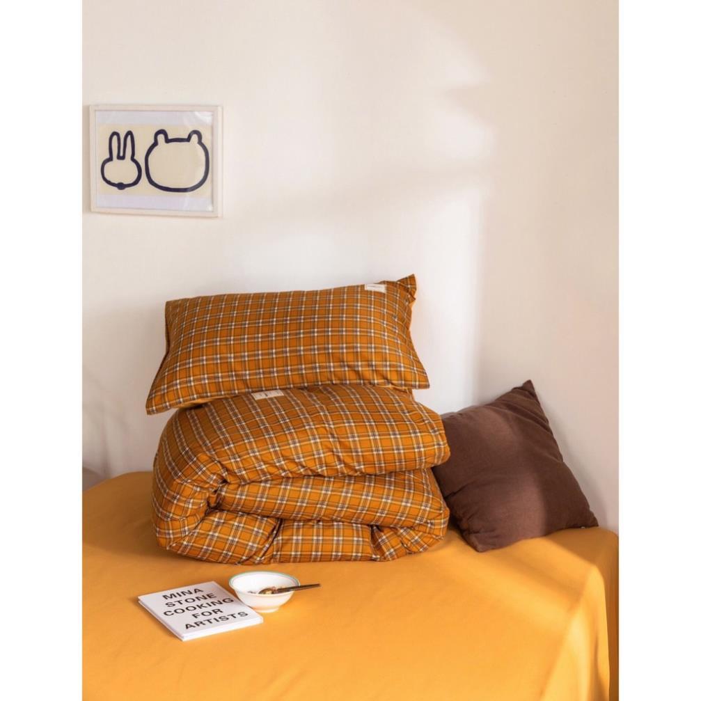 Bộ chăn ga gối Cotton TC Nhà Nhím Chăn ga gối kẻ sọc caro 4 món