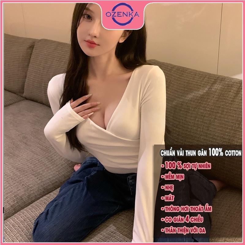 Áo croptop cổ v tay dài ôm nữ OZENKA crt thun gân thời trang đẹp 100% cotton đen trắng free size dưới 50kg