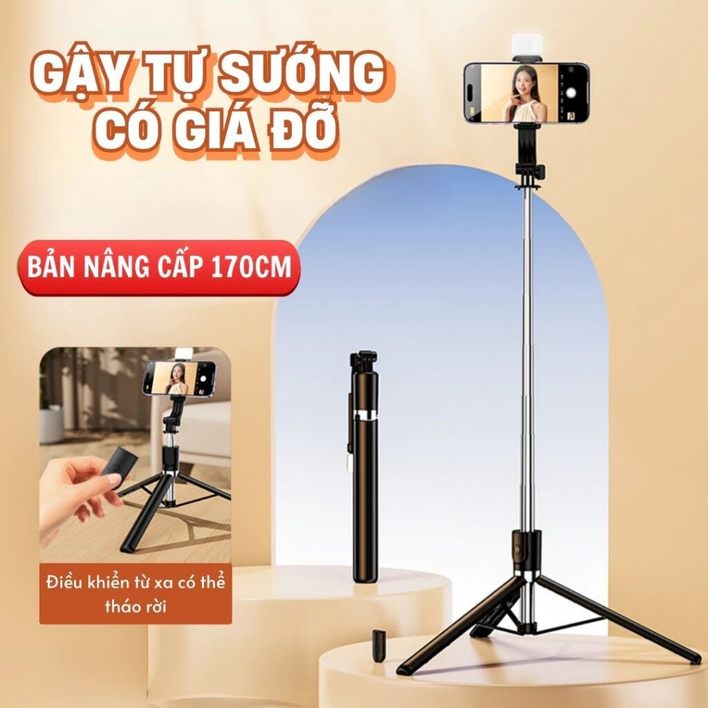 Gậy Tripod chụp ảnh tự sướng Selfie 3 chân gấp gọn 30cm, kéo dài 1M7 điều khiển từ xa có đèn Tripod chụp ảnh livestream - Hàng nhập khẩu
