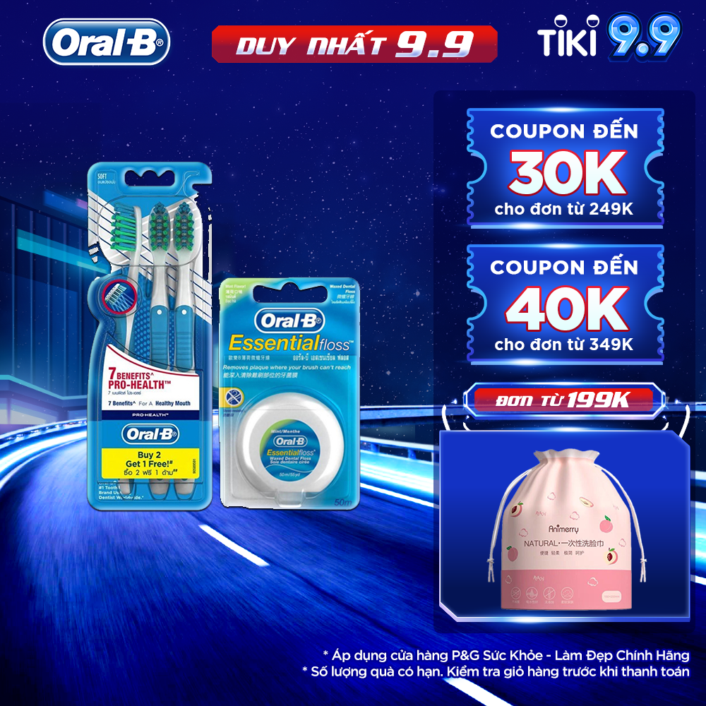 Combo Chăm Sóc Răng Miệng Toàn Diện (Vỉ 3 Bàn Chải Đánh Răng ORAL-B Trà Xanh (Mua 2 Tặng 1) + Chỉ Nha Khoa ORAL-B Essential Mint (Hộp 50m)