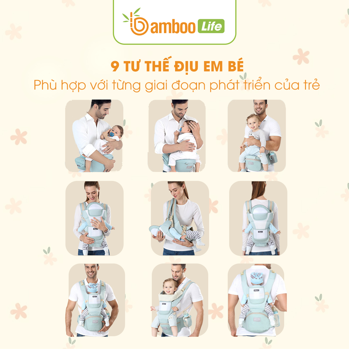 Địu em bé Bamboo Life BL031, địu 4 tư thế có đỡ cổ địu bé sơ sinh 0-36 tháng trợ lực, đa chức năng có ghế chống gù siêu nhẹ cho trẻ em đi xe máy, đi chơi, đi siêu thị an toàn