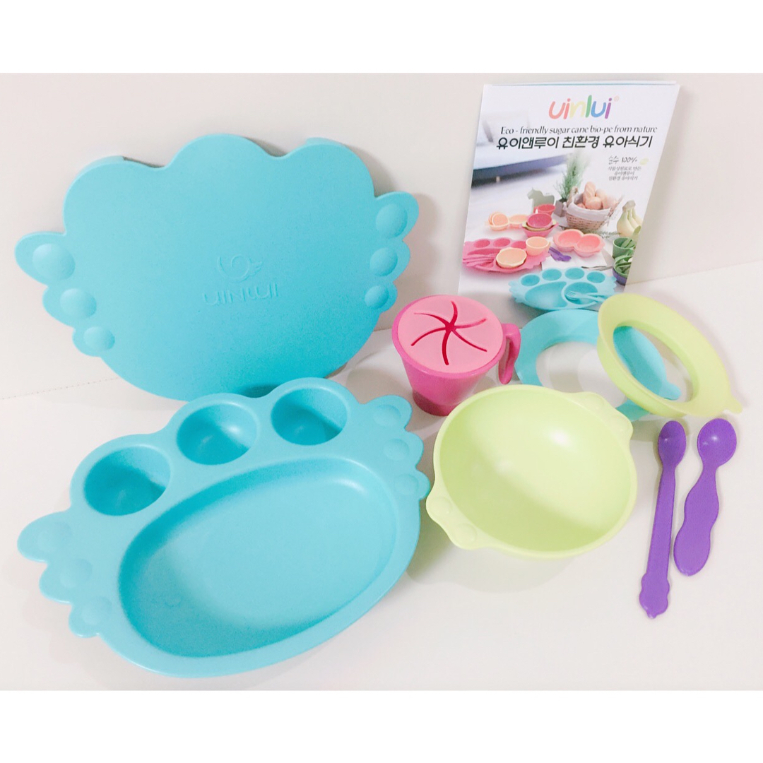 Set đồ khay bát ăn dặm 10 món - xanh aqua - Dụng cụ ăn dặm cho bé Uinlui ăn toàn làm từ dừa