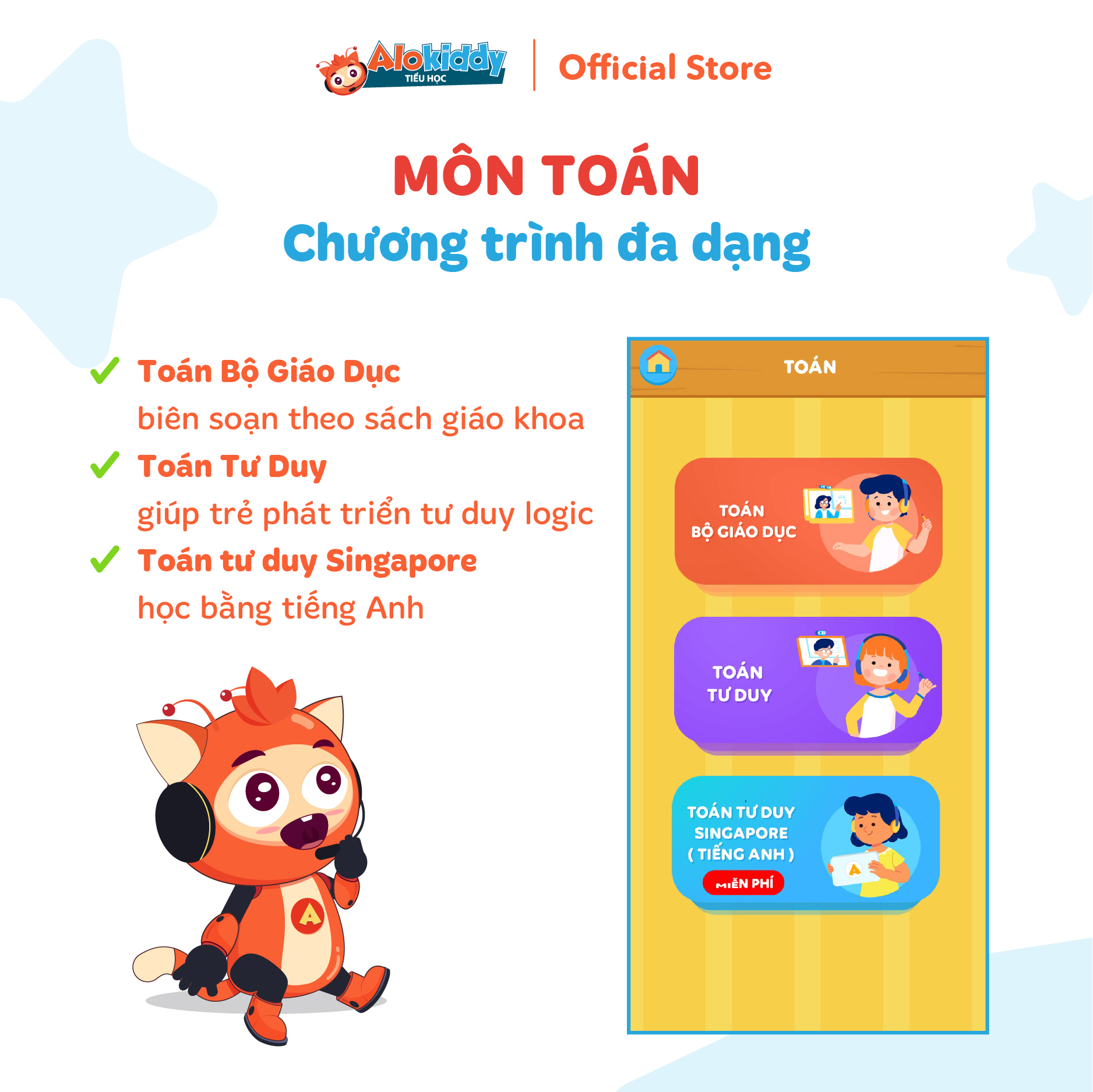App học Toán Tiếng Việt Tiếng Anh dành cho trẻ 6-10 tuổi ALOKIDDY TIỂU HỌC Mã kích hoạt áp dụng toàn quốc