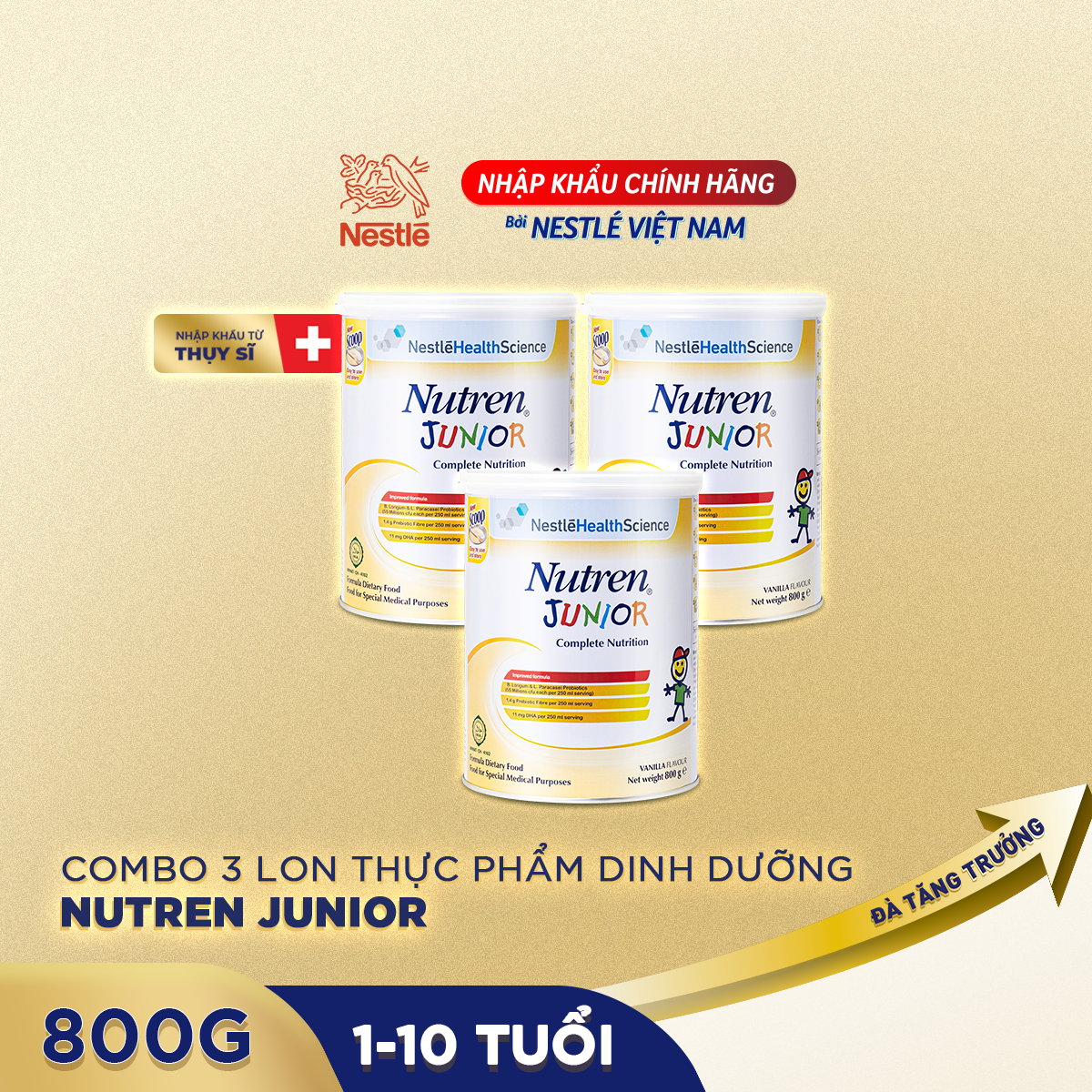 Combo 3 lon thực phẩm dinh dưỡng Nutren Junior Thụy Sĩ hỗ trợ tăng cân tiêu hóa tốt cho trẻ từ 1 đến 10 tuổi 800g