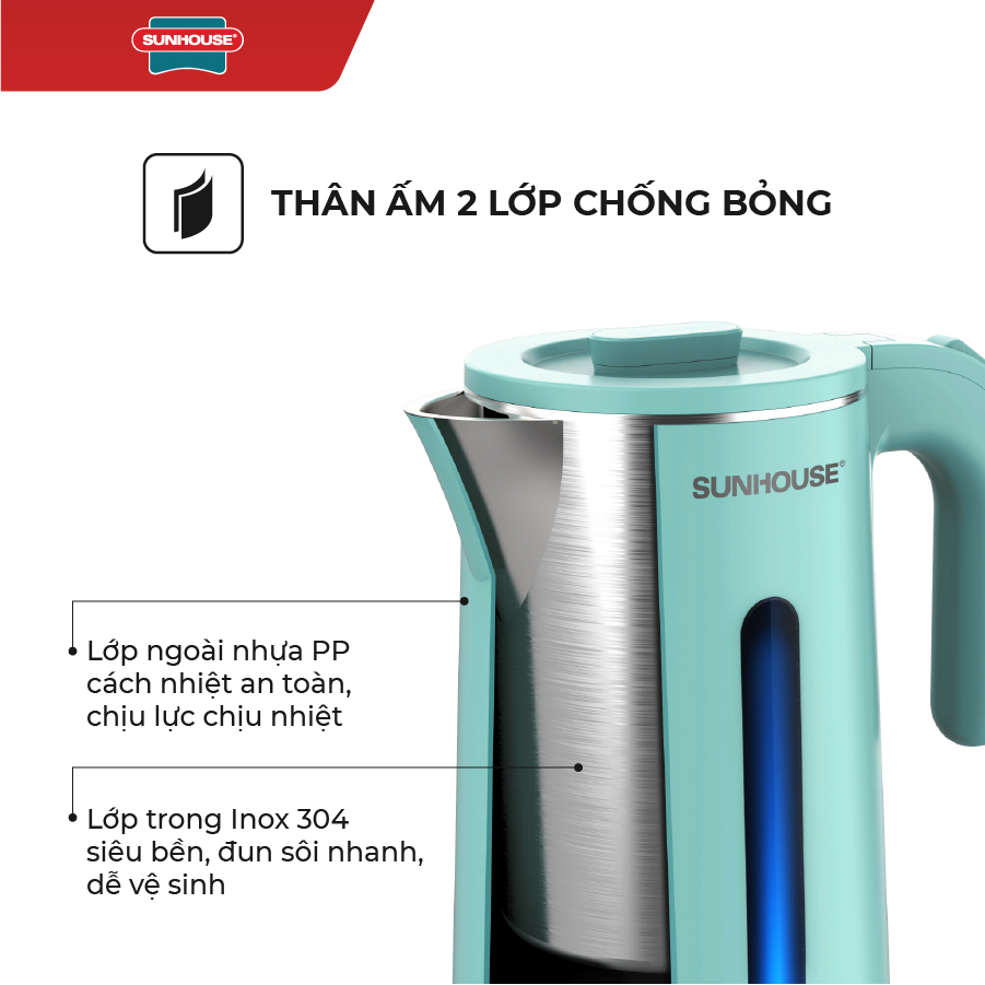 Ấm Đun Siêu Tốc Inox 2 Lớp Sunhouse SHD1351 (1.8 Lít) - Hàng Chính Hãng