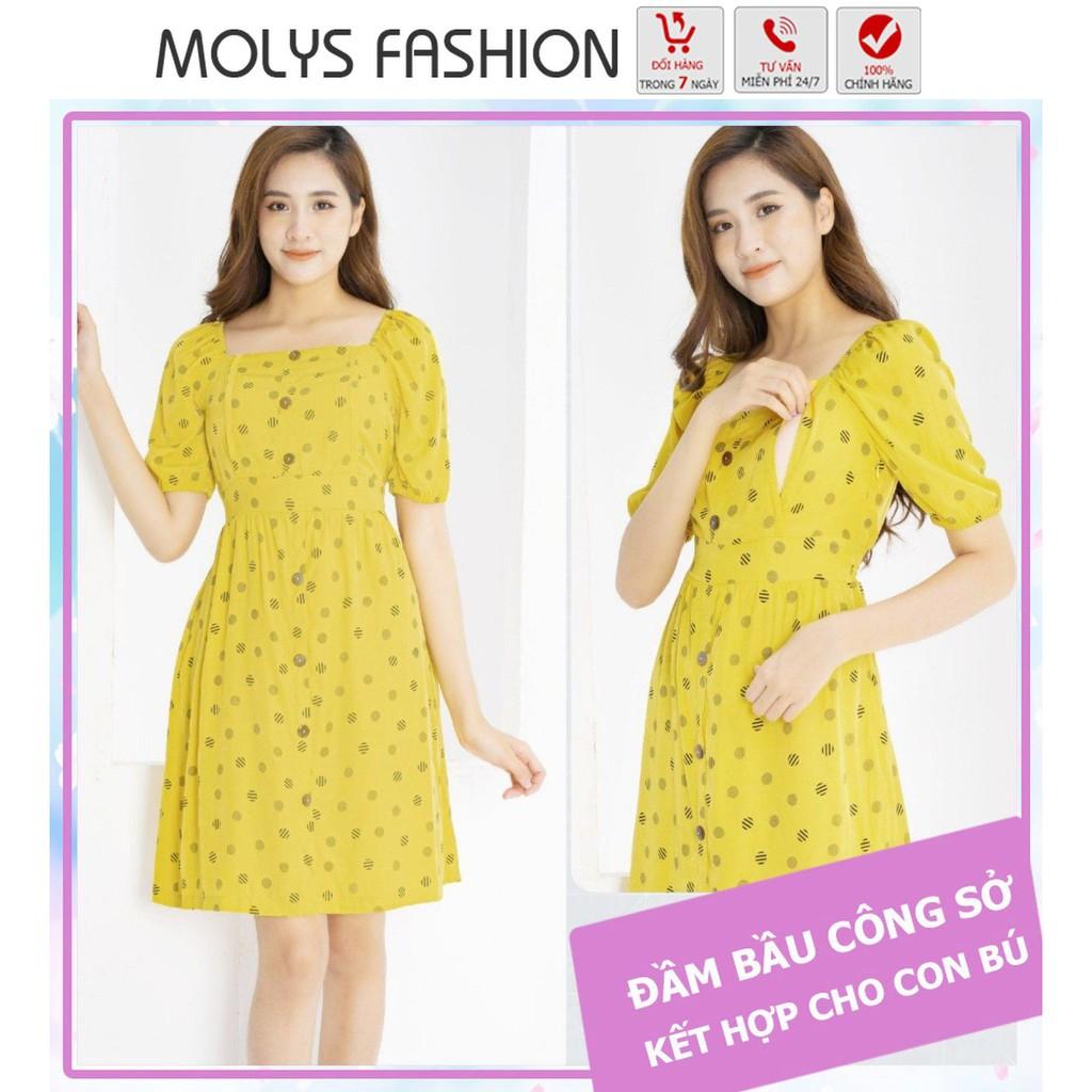 Đầm bầu kết hợp cho con bú MOLYS 222 đũi lụa chấm bi hot trend cổ vuôngCAM KẾT 7 NGÀY ĐỔI TRẢ