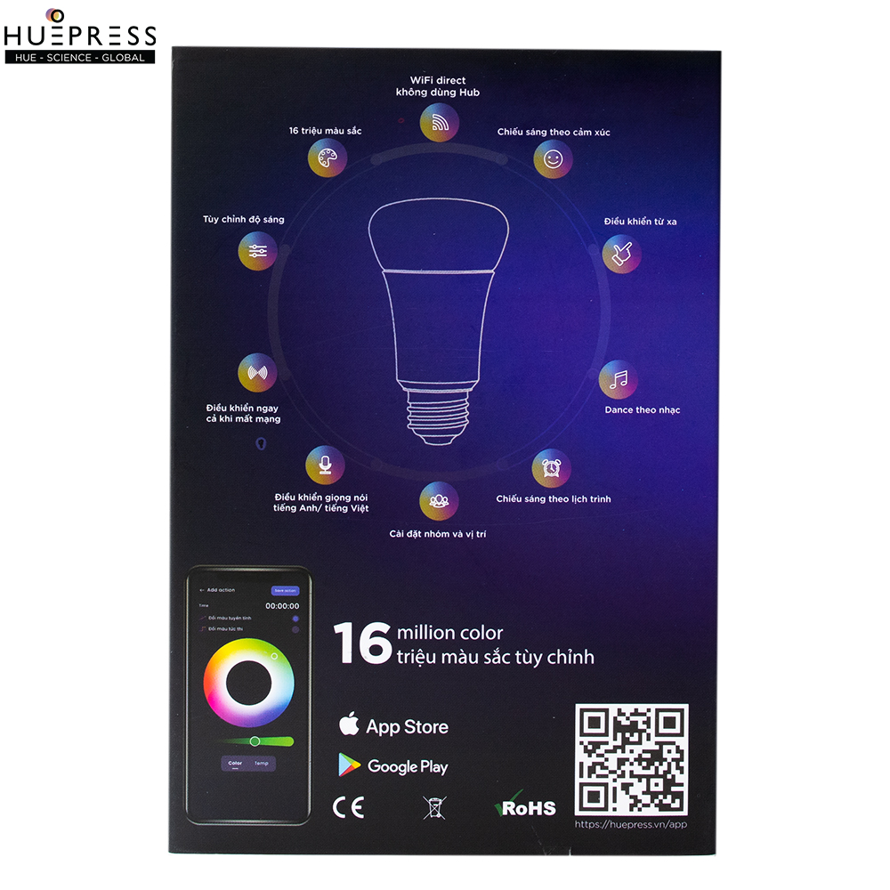 Đèn led thông minh HUEPRESS myHue Bulb L1 cao cấp WIFI 16 triệu màu RGBCW 9W - Điều khiển bằng app
