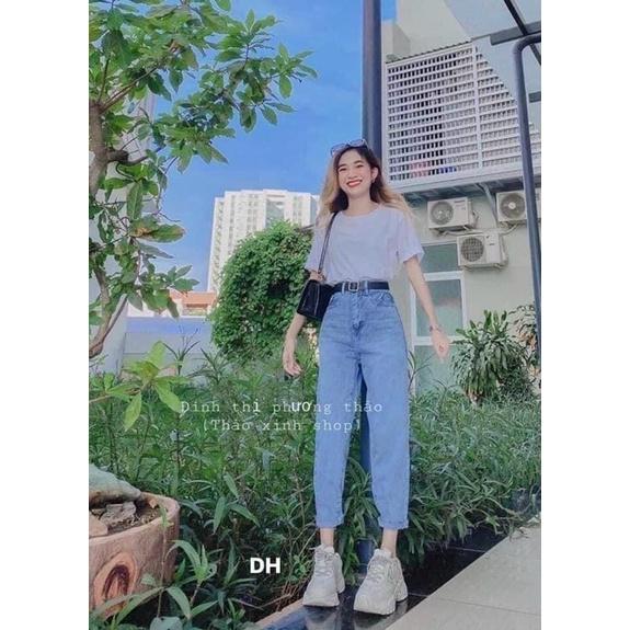 Quần jeans baggy nữ lưng cao hoạ tiết trơn vải bò dày dặn