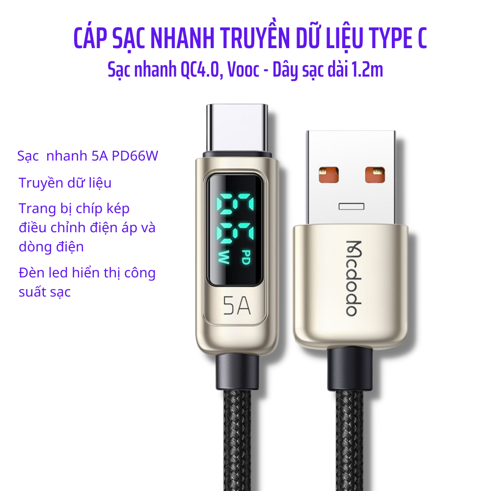 Dây Cáp Sạc USB Type C Mcdodo CA-8861 Sạc Nhanh 5A PD66W  QC4.0 Vooc Truyền Dữ Liệu USB2.0 Đèn Led Hiển Thị Công Suất Dài 1.2m - Hàng Chính Hãng