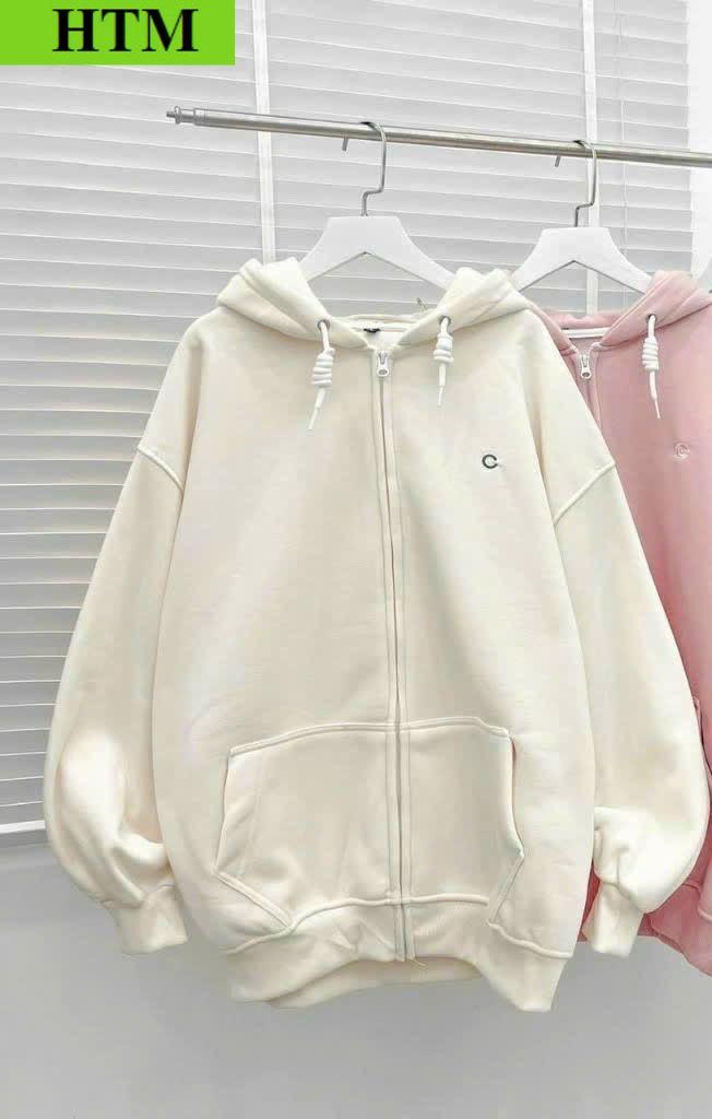 [FREESHIP] Áo Khoác Nỉ Hoodie Nữ Với Dáng kiểu Khóa Zip Có In Chữ C  HTM FASHION - Kem