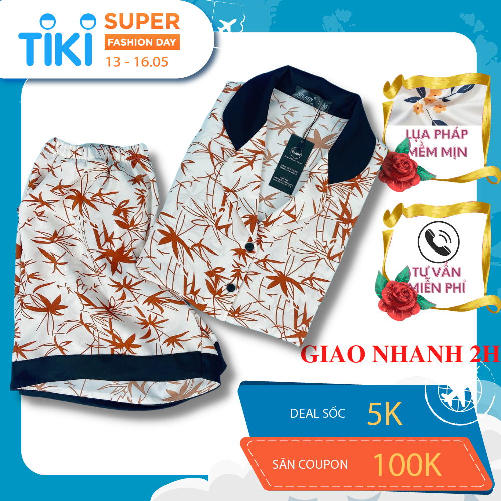 Đồ bộ pijama lụa, đồ mặc nhà nữ VILADY - B133 kiểu quần đùi tay cộc mặc hè thoáng mát Họa tiết Lá tre, chất liệu lụa Mango cao cấp