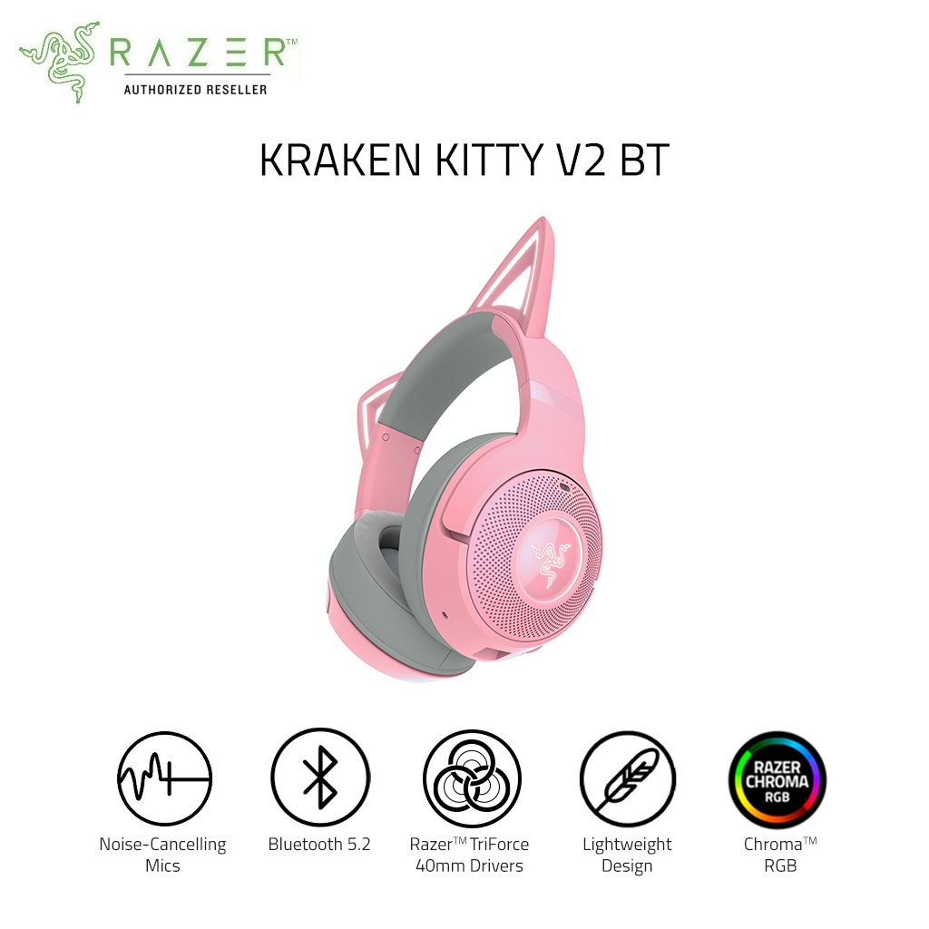 Tai nghe không dây choàng đầu Razer Kraken Kitty V2 BT-Hồng(Quartz Edition)-Wireless Bluetooth RGB Headset with Kitty Ears_Mới, hàng chính hãng