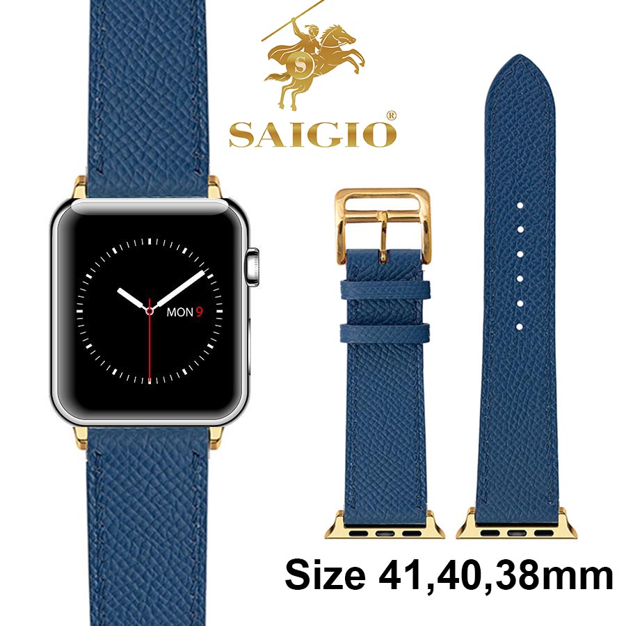 Dây Đồng Hồ Apple Watch 41mm 40mm 38mm, Chất Liệu Da Bê EPSOM Thảo Mộc Cao Cấp, Nhập Khẩu Từ Châu Âu, Dây Đeo Phong Cách Hiện Đại và Sang Trọng, Tương Thích Các Phiên Bản Series 8/7/6/5/4/3/2/1/SE/SE2 - Xanh Dương - ADAPTER VÀNG