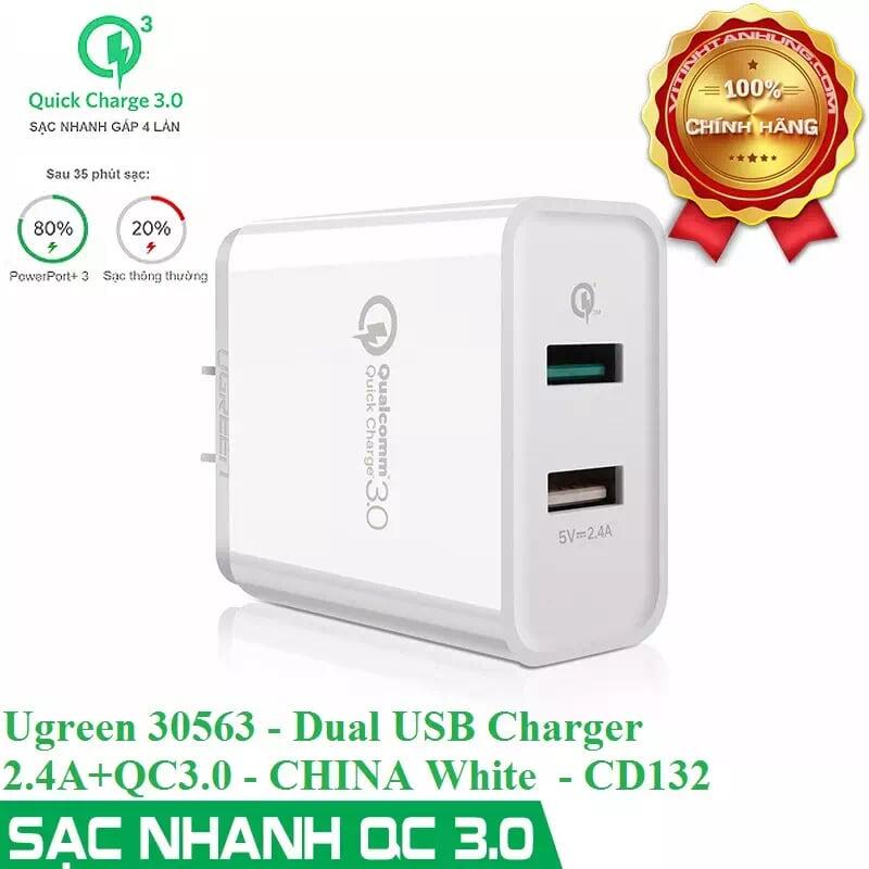 Ugreen UG30563CD132TK 30W màu Trắng Củ sạc nhanh 2 cổng USB chuẩn QC 3.0 + 2.4A - HÀNG CHÍNH HÃNG