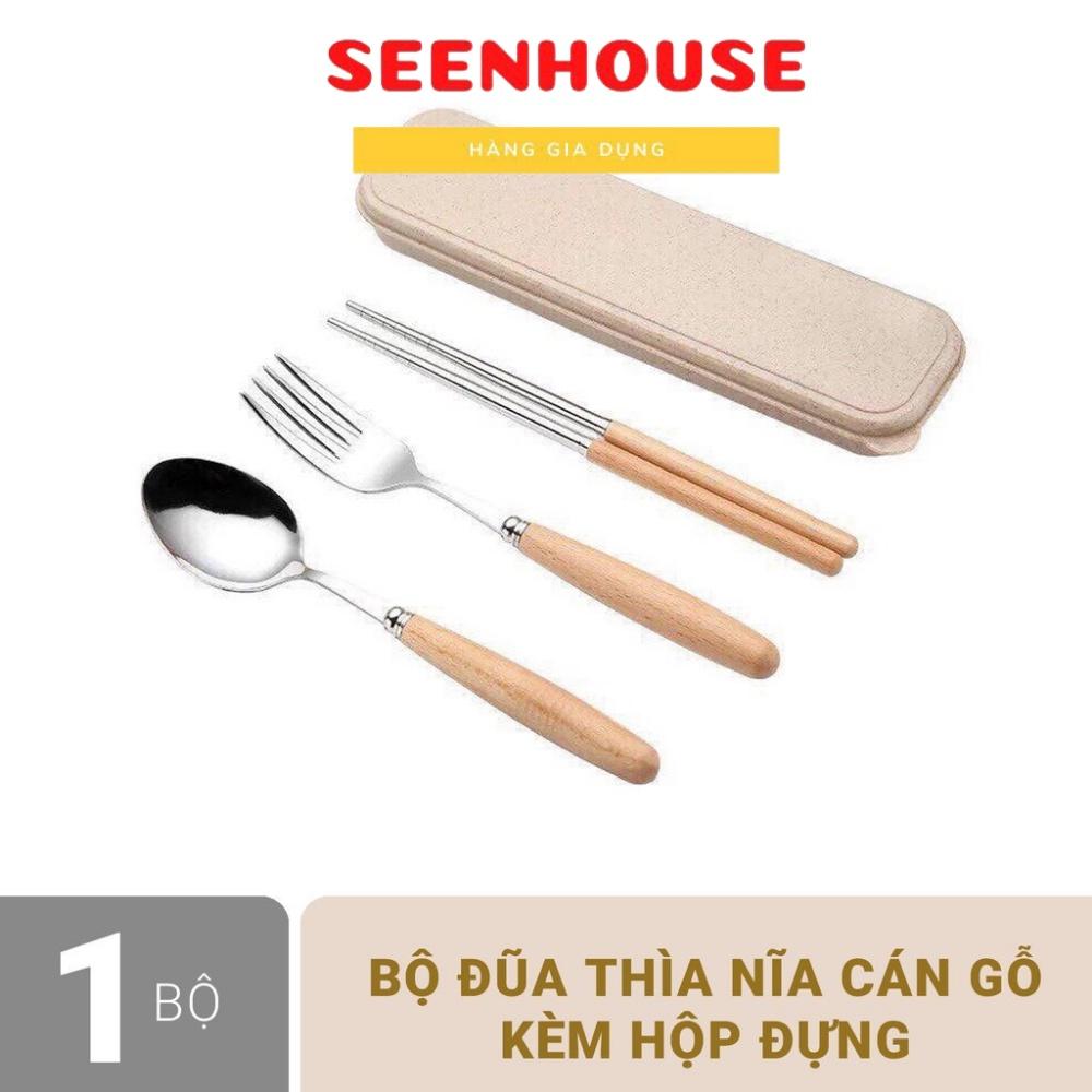Bộ thìa đũa cá nhân văn phòng lúa mạch cán gỗ inox