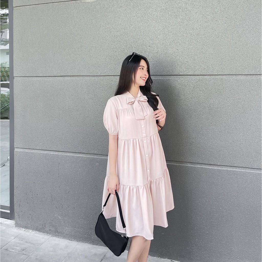 ĐẦM DỰ TIỆC BABYDOLL LỤA 2 LỚP CỔ CỘT NƠ DÁNG XÒE TAY LỠ