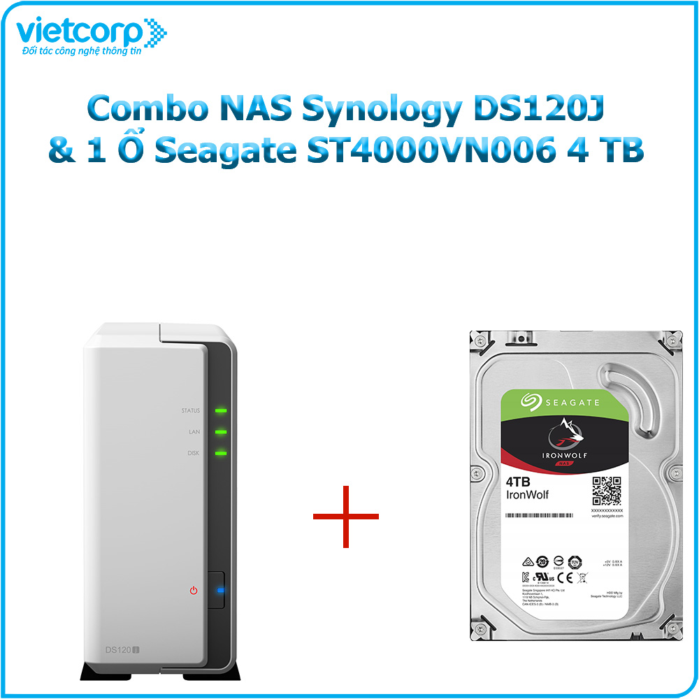 Combo Thiết bị lưu trữ NAS Synology DS120j và 1 ổ cứng HDD Seagate ST4000VN008 4TB - Hàng chính hãng