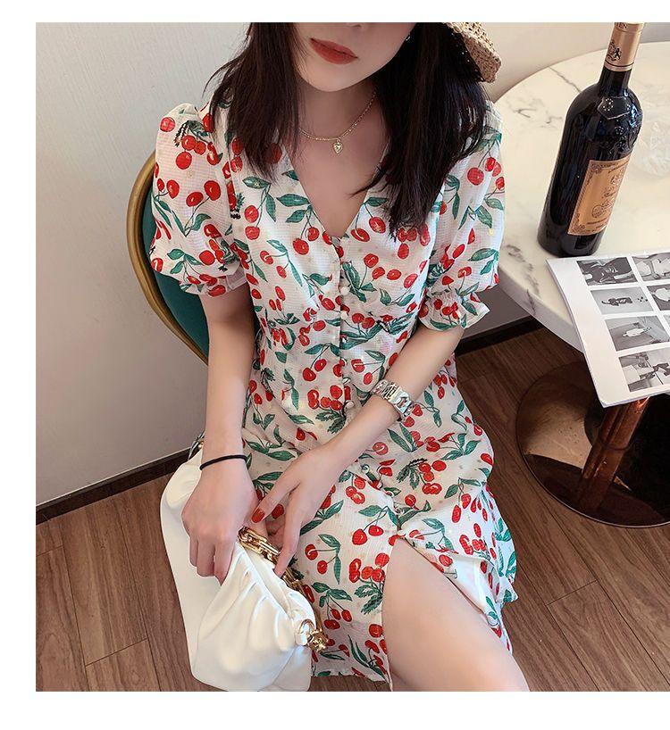 TOBE1SHOP 2021 mùa hè thắt lưng ngọt ngào trà nghỉ váy nữ Pháp anh đào chiffon hoa bong bóng tay áo đầm dài