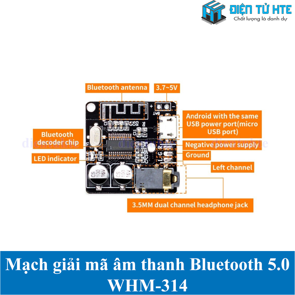 Mạch giải mã âm thanh Bluetooth 5.0 VHM-314 - MicroUSB Audio 3.5mm