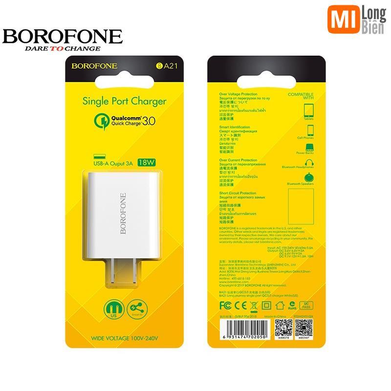 Củ sạc nhanh 18W - QC3.0 BOROFONE BA21 cổng USB - Chính hãng