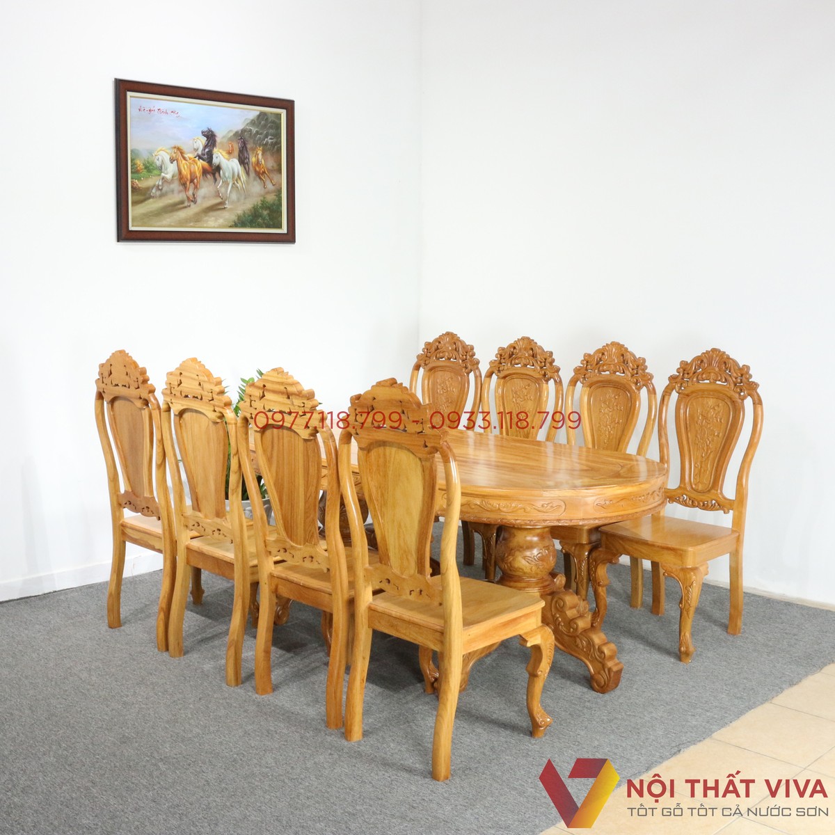 Bộ Bàn Ăn Gõ Đỏ 8 Ghế Mặt Oval Cao Cấp