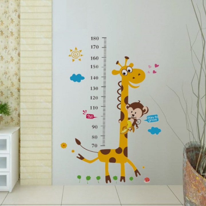 Decal dán tường thước đo chiều cao cho bé hươu cao cổ khỉ con ngộ nghĩnh