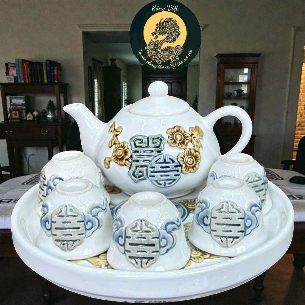 Bộ Ấm Chén Thờ RỒNG VIỆT Men Trắng Cao Cấp - Gốm Bát Tràng Họa Tiết Đào Thọ Đắp Nổi