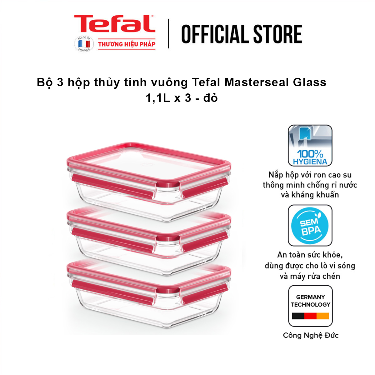 Bộ 3 hộp thủy tinh vuông Tefal Masterseal Glass 1,1L x 3 - đỏ