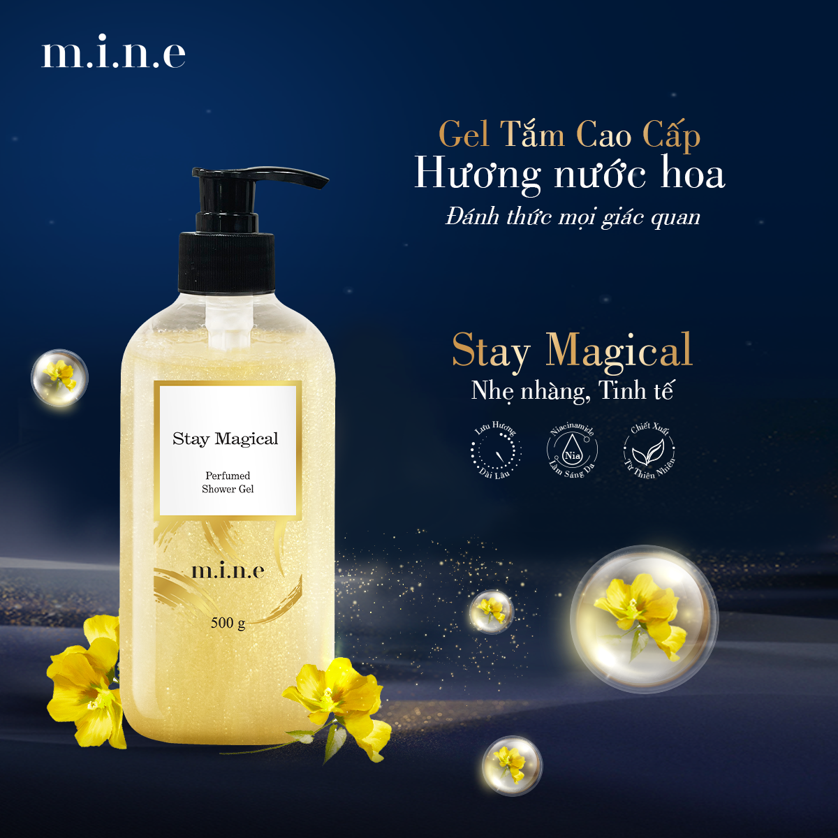 Gel tắm sáng da nhũ vàng hương nước hoa Mine – Stay Magical (Shower gel skin brightening emulsion yellow incense perfume mine)