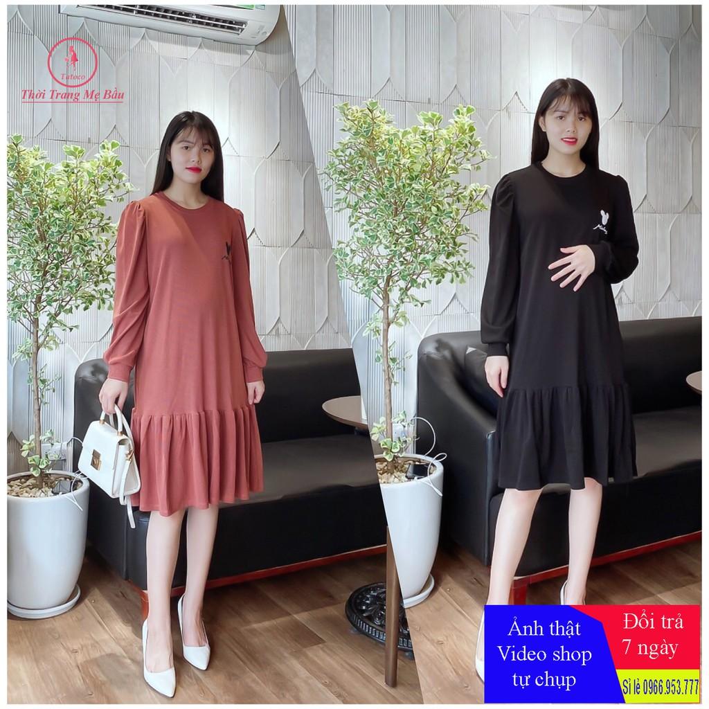 Váy bầu thu đông dài tay new 2 màu ( chất len tăm cao cấp , co giãn , không nhắn ) hình thật +video