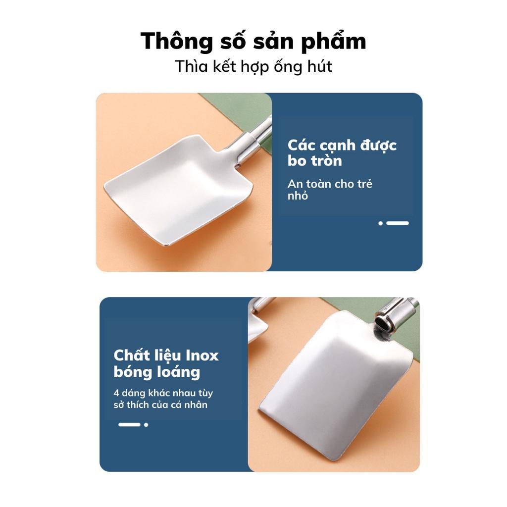 Muỗng Inox có ống hút thìa cute muỗng cà phê an toàn thìa cafe dụng cụ pha cà phê và có cọ rửa ống hút đẹp