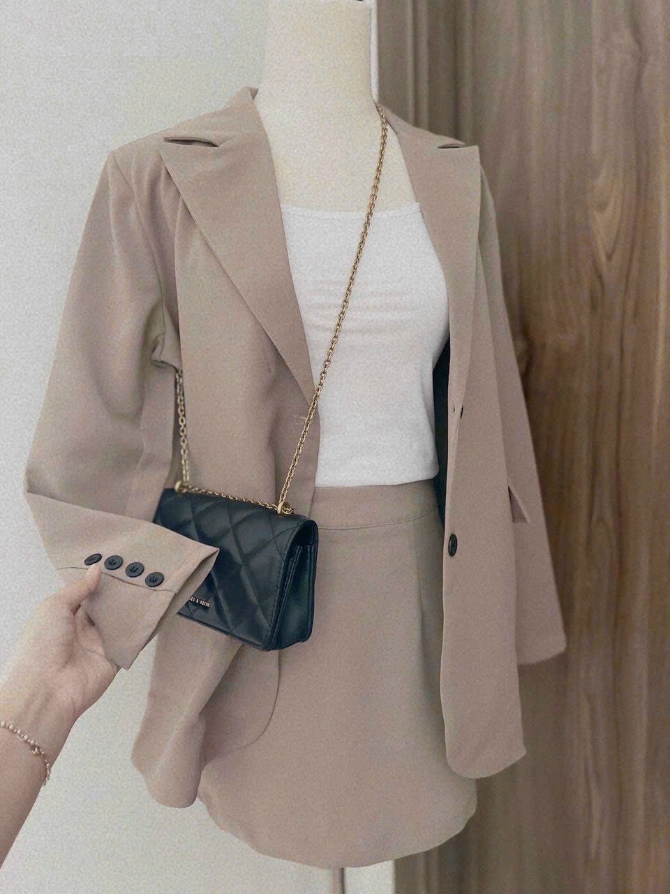 ĐẦM SET ÁO KHOÁC BLAZER VEST RỘNG TAY DÀI + CHÂN VÁY NGẮN CHỮ A LƯNG CAO SUÔNG TRƠN + ÁO 2 DÂY ĐI CHƠI ĐI TIỆC DẠO PHỐ CÔNG SỞ