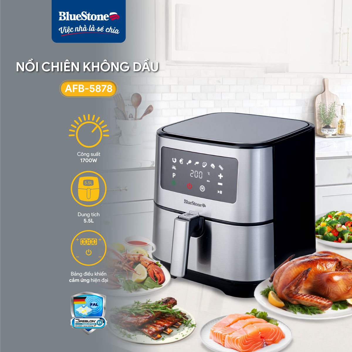 Nồi Chiên Không Dầu BlueStone AFB-5878 5.5 Lít 1700W - Hàng Chính Hãng