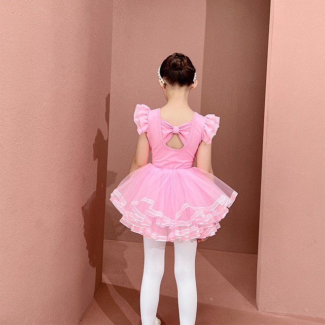 Đầm múa ballet hiện đại cao cấp màu hồng kẹo ngọt, tay cánh tiên cho bé gái