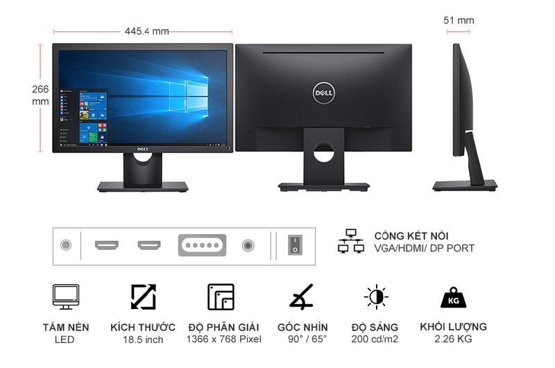 Màn hình Dell 18.5 inch E1916HV - Hàng chính hãng