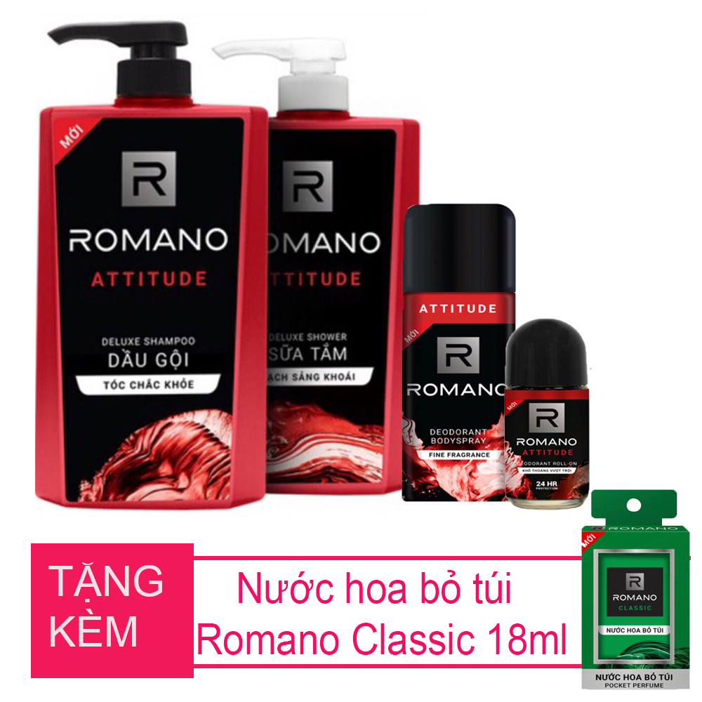 Bộ Romano Attitude: Dầu gội 650g, sữa tắm 650g, xịt khử mùi 150ml,lăn khử mùi 50ml +Tặng kèm nước hoa bỏ túi 18ml