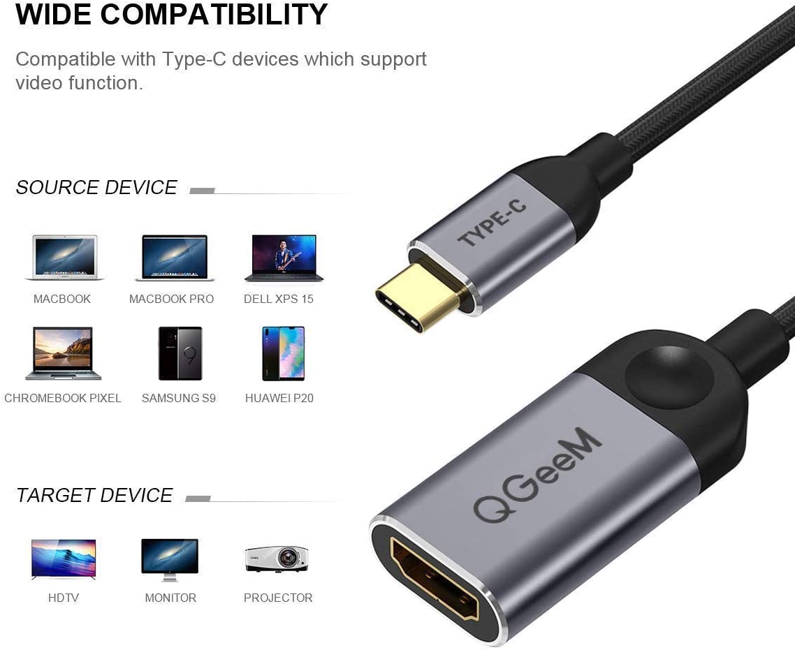 Cáp chuyển đổi Type C sang HDMI QGeeM 4K cho MacBook Pro 2018/2017, Samsung Galaxy S9/S8, Surface Book 2, Dell XPS 13/15, Pixelbook v.v-Hàng chính hãng