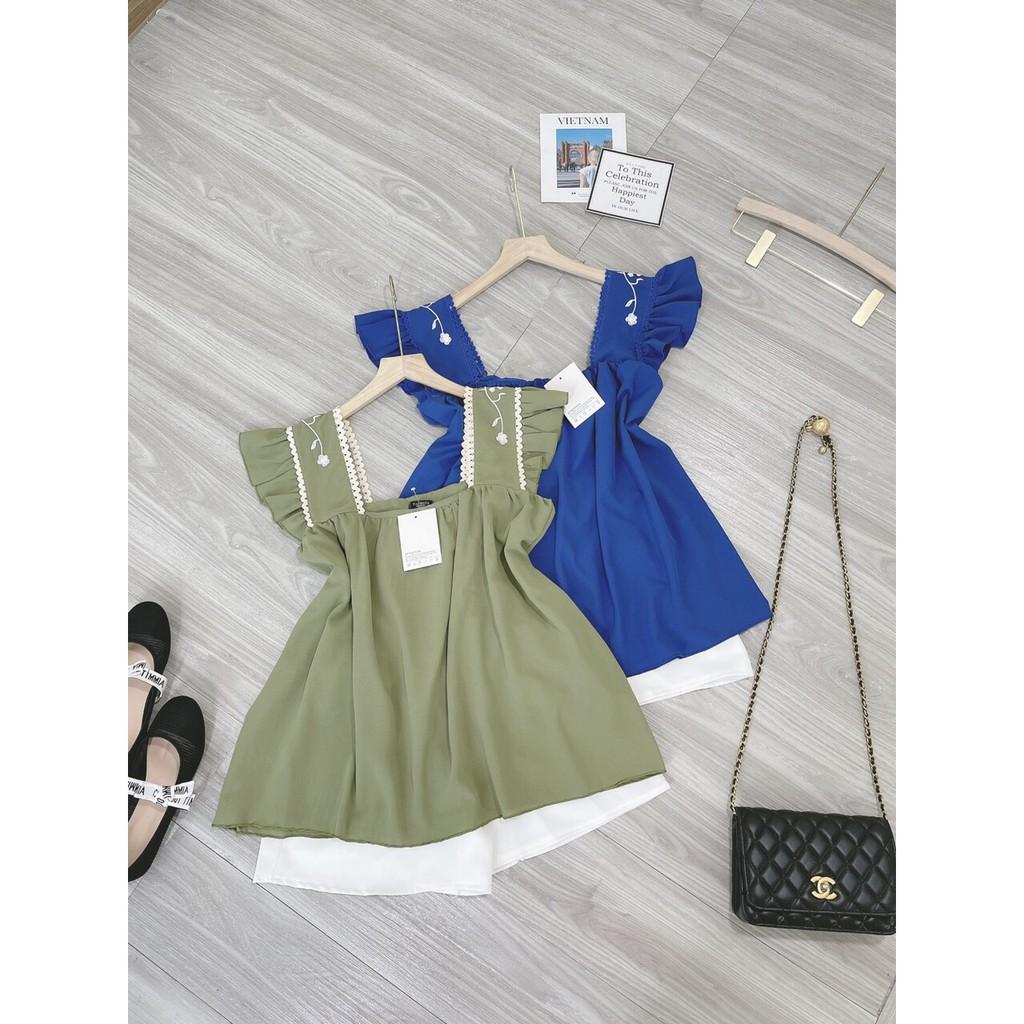 Set Áo babydoll kèm quần short trắng - Set áo babydoll cánh tiên đũi nhật thêu hoa thủ công xuất sắc