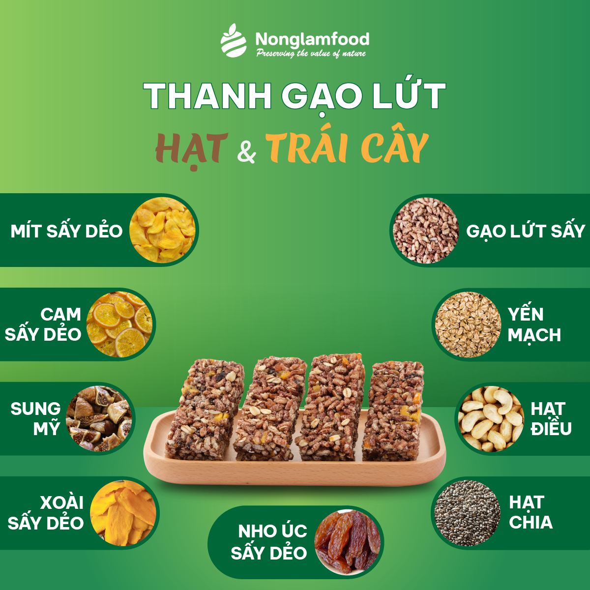 [THUẦN CHAY] Thanh năng lượng gạo lứt ngũ cốc Hạt và Trái Cây Nonglamfood hộp 8 thanh 136g