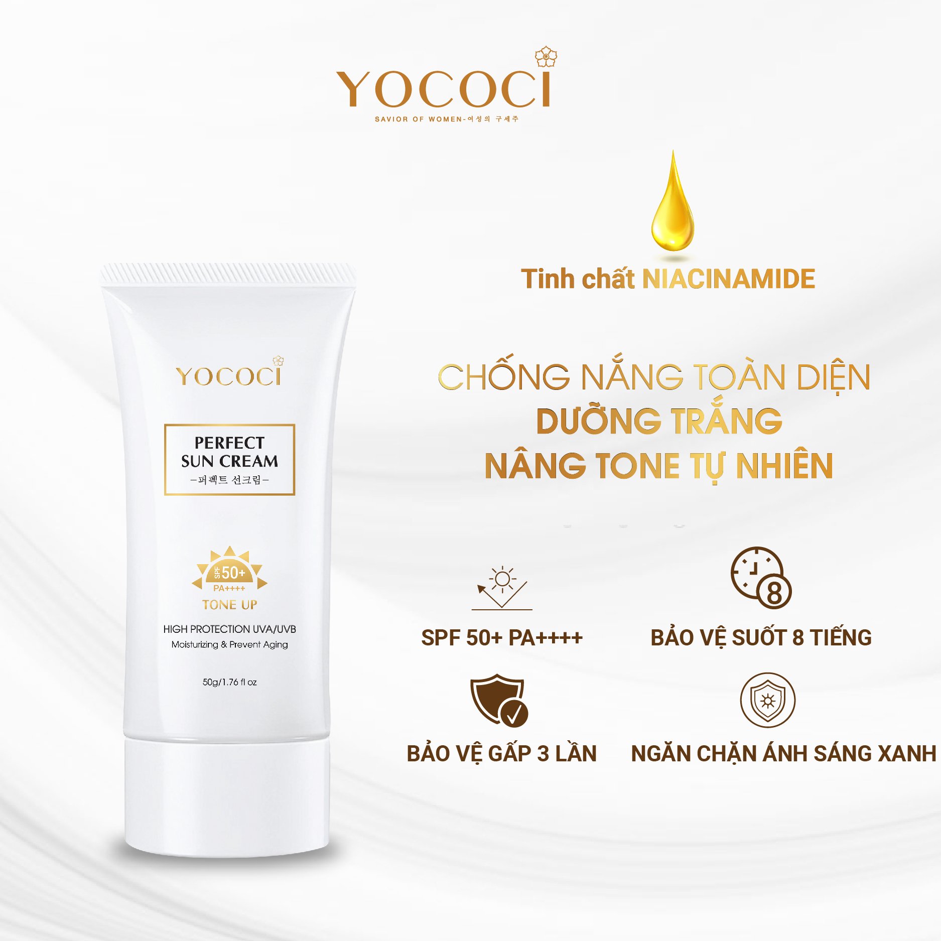 Kem chống nắng Yococi Phổ rộng màng lọc đa tầng, nâng tone tự nhiên Perfect Sun Cream SPF50+ PA++++ 50g