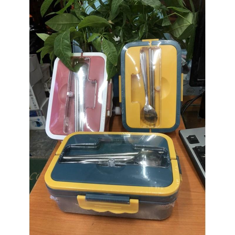 Hộp cơm văn phòng 3 ngăn lúa mạch kèm đũa thìa inox