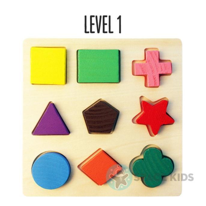 Đồ chơi gỗ Bảng lắp ghép hình học cơ bản bằng gỗ nhiều màu sắc có 3 cấp độ
