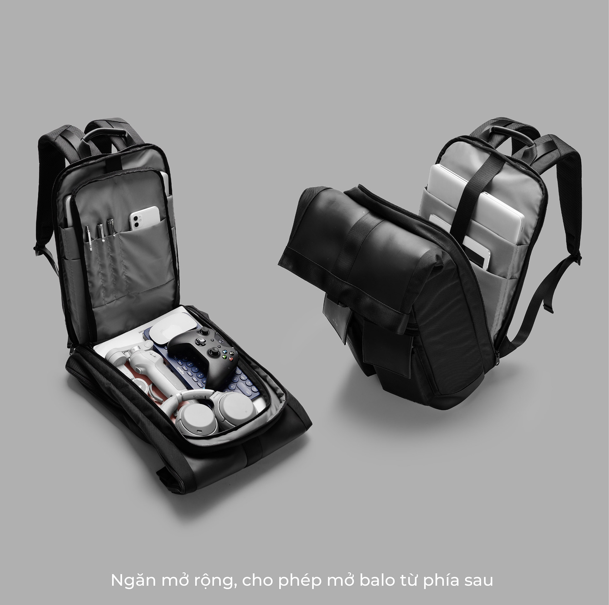 Balo laptop 17” KINGBAG HORIZON sành điệu, Gaming, Office, Travel, thiết kế độc đáo, vải trượt nước, đai buộc vali, màu đen - Hàng chính hãng